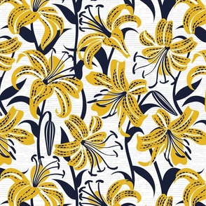 Normal scale // Tiger lily garden // textured white and grey background goldenrod yellow white and midnight express navy blue flowers