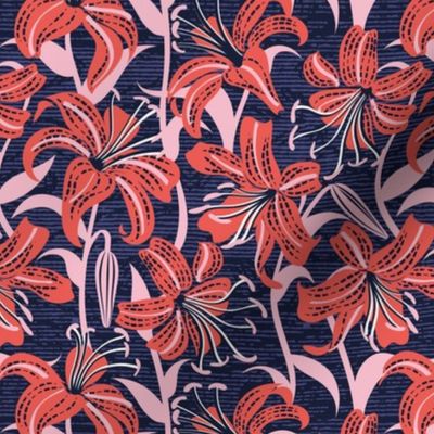Small scale // Tiger lily garden // textured midnight express navy blue background coral and cotton candy pink flowers