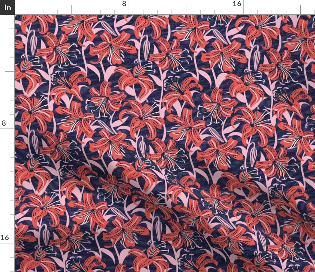 Small scale // Tiger lily garden // textured midnight express navy blue background coral and cotton candy pink flowers