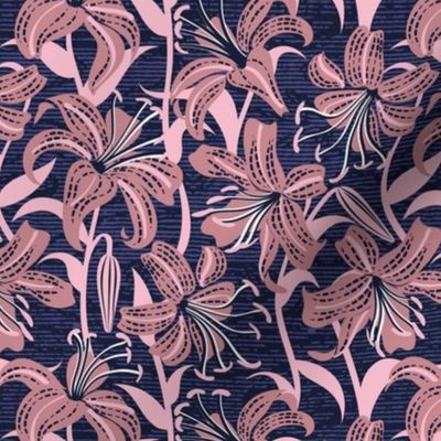 Small scale // Tiger lily garden // textured midnight express navy blue background dry rose and cotton candy pink flowers