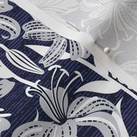 Small scale // Tiger lily garden // textured midnight express navy blue background light grey and white flowers