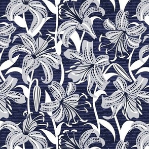 Small scale // Tiger lily garden // textured midnight express navy blue background light grey and white flowers