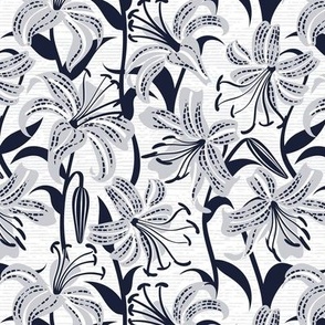 Small scale // Tiger lily garden // textured white and grey background light grey and midnight express navy blue flowers
