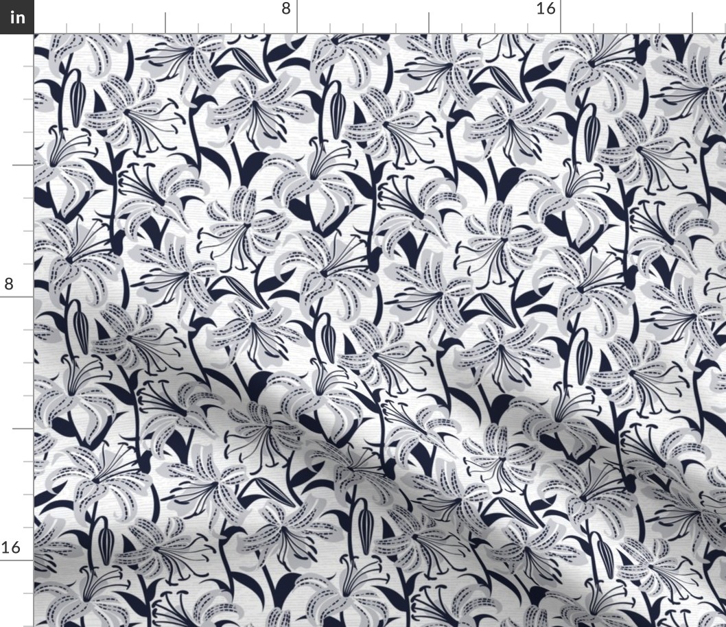Small scale // Tiger lily garden // textured white and grey background light grey and midnight express navy blue flowers