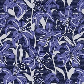 Small scale // Tiger lily garden // textured midnight express navy blue background very peri and light grey flowers