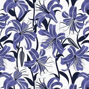 Small scale // Tiger lily garden // textured white and grey background very peri grey and midnight express navy blue flowers