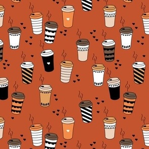 Morning coffee cups to go coffee break for caffeine lovers orange beige on vintage red fall palette