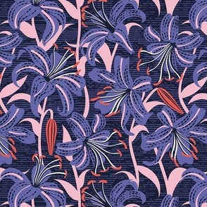 Small scale // Tiger lily garden // textured midnight express navy blue background very peri cotton candy pink and coral flowers