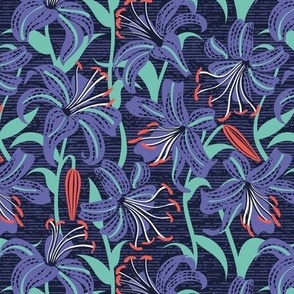 Small scale // Tiger lily garden // textured midnight express navy blue background very peri spearmint and coral flowers