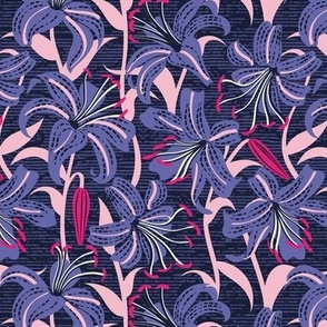 Small scale // Tiger lily garden // textured midnight express navy blue background very peri cotton candy and fuchsia pink flowers