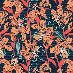 Small scale // Tiger lily garden // textured midnight express navy blue background papaya orange coral and spearmint flowers