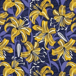 Small scale // Tiger lily garden // textured midnight express navy blue background goldenrod yellow white and very peri flowers