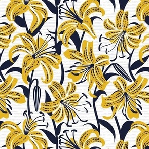 Small scale // Tiger lily garden // textured white and grey background goldenrod yellow white and midnight express navy blue flowers