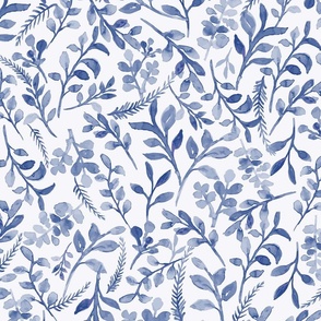 Indigo blue and white watercolor leaves
