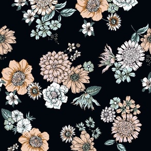 Subdued Hand Drawn Flowers on Blackest Black Background