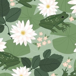 Frogs and lilies sweet spring river design in green white yellow blush on sage green