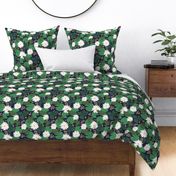 Frogs and lilies sweet spring river design in green white yellow on navy blue