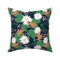 Frogs and lilies sweet spring river design in green caramel on navy blue night