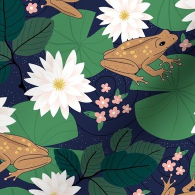 Frogs and lilies sweet spring river design in green caramel on navy blue night