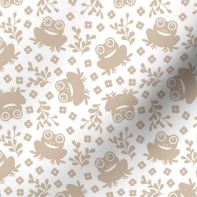 Quirky frogs and leaves spring garden kids kawaii animals soft neutral beige on white 