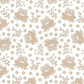 Quirky frogs and leaves spring garden kids kawaii animals soft neutral beige on white 