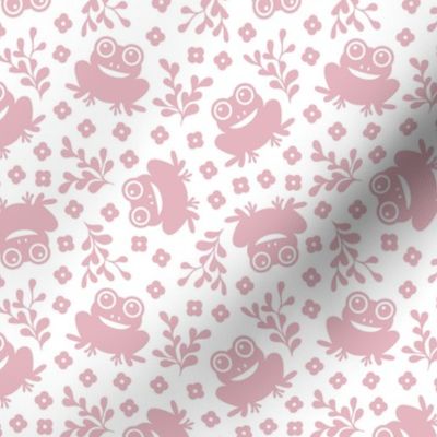 Quirky frogs and leaves spring garden kids kawaii animals pink on white  