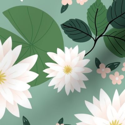 Large frogs  lotus flower in a pond with lilies and spring leaves romantic english garden white green on sage  EXTRA LARGE wallpaper