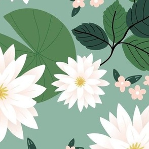 Large frogs  lotus flower in a pond with lilies and spring leaves romantic english garden white green on sage  EXTRA LARGE wallpaper