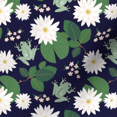 Water lilies  lotus flower and frogs romantic spring blossom pond design green on navy blue night 