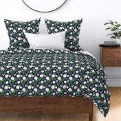 Water lilies  lotus flower and frogs romantic spring blossom pond design green on navy blue night 