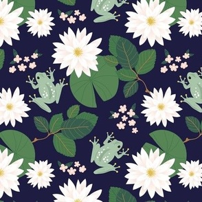 Water lilies  lotus flower and frogs romantic spring blossom pond design green on navy blue night 