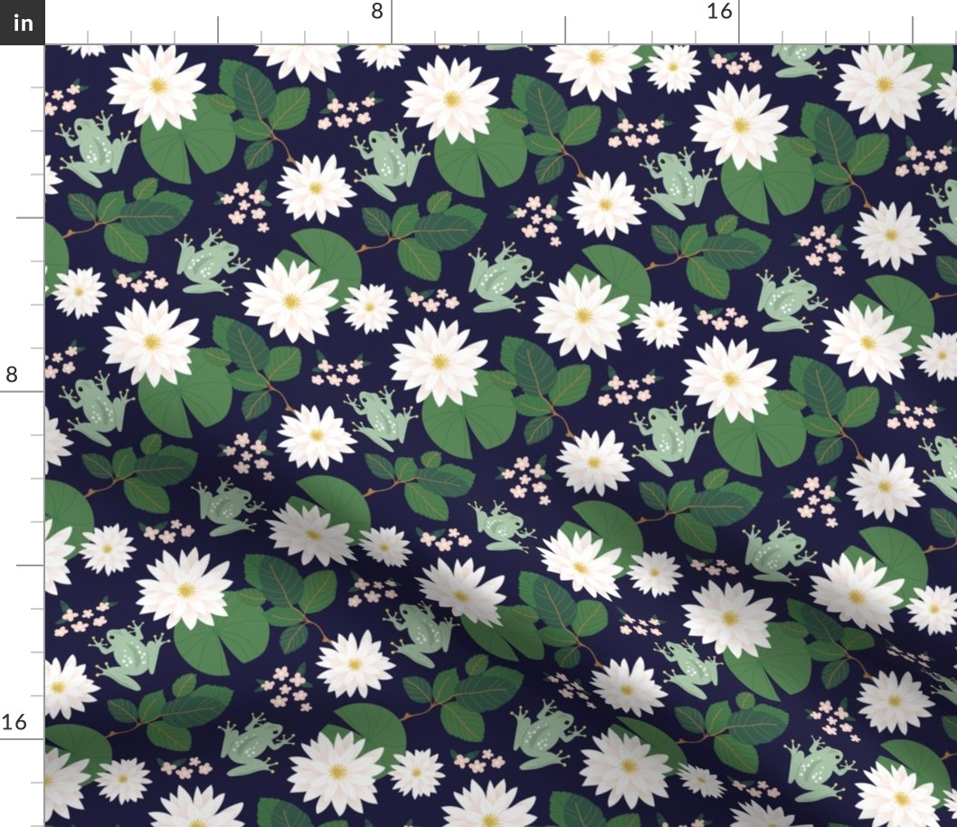 Water lilies  lotus flower and frogs romantic spring blossom pond design green on navy blue night 