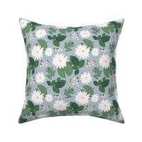 Water lilies  lotus flower  and frogs romantic spring blossom pond design green on moody blue 