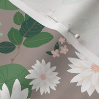 Water lilies  lotus flower and frogs romantic spring blossom pond design green on moody beige latte 