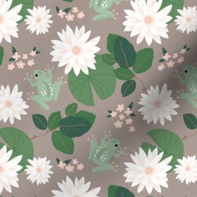 Water lilies  lotus flower and frogs romantic spring blossom pond design green on moody beige latte 