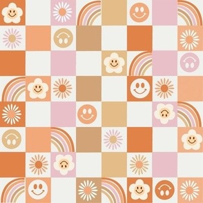 Retro Checkerboard fabric - daisy, smile, happy 