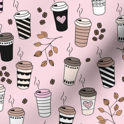 Good morning coffee to go with coffee leaves beans and  cups in beige brown on pink girls