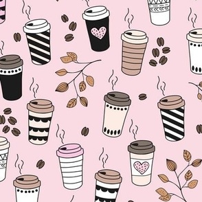 Good morning coffee to go with coffee leaves beans and  cups in beige brown on pink girls