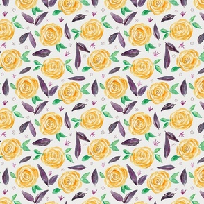 Watercolour Orange Roses With Green And Purple Leaves Off White Medium