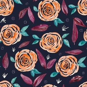 Watercolour Orange Roses With Purple And Teal Leaves Navy Blue Medium