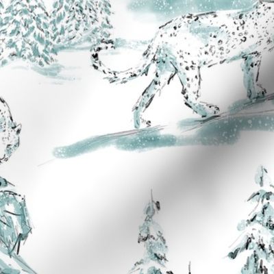 snow leopard toile watercolor pale teal large scale