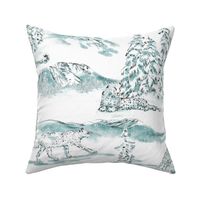 snow leopard toile watercolor pale teal large scale