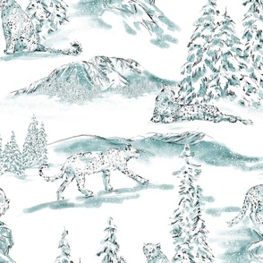 snow leopard toile watercolor pale teal large scale