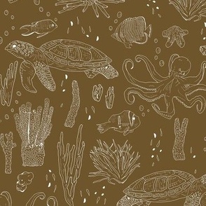 Hand Drawn Ocean Animals Print White On Bronze Medium