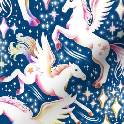 Magical Pegasus Ponies - on dark teal navy