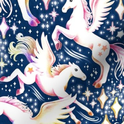 Magical Pegasus Ponies - on dark navy blue 