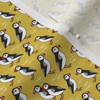 TINY puffin fabric // puffins birds mustard yellow birds scotland 