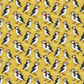 TINY puffin fabric // puffins birds mustard yellow birds scotland 