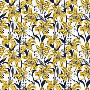 Tiny scale // Tiger lily garden // textured white and grey background goldenrod yellow white and midnight express navy blue flowers