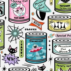 Vintage Cat Food Cans on Pale Gray